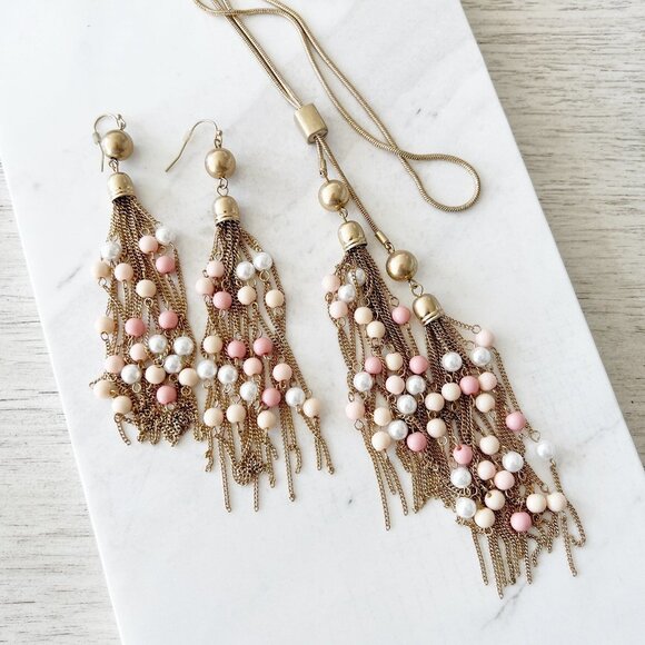 4/$25 Robert Rose Beaded Chain Tassel Drop Earrings Necklace Set - Picture 1 of 5